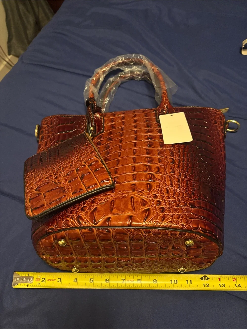 Croc-Embossed Faux Leather Tote Bag with Crossbody Strap in Brown
